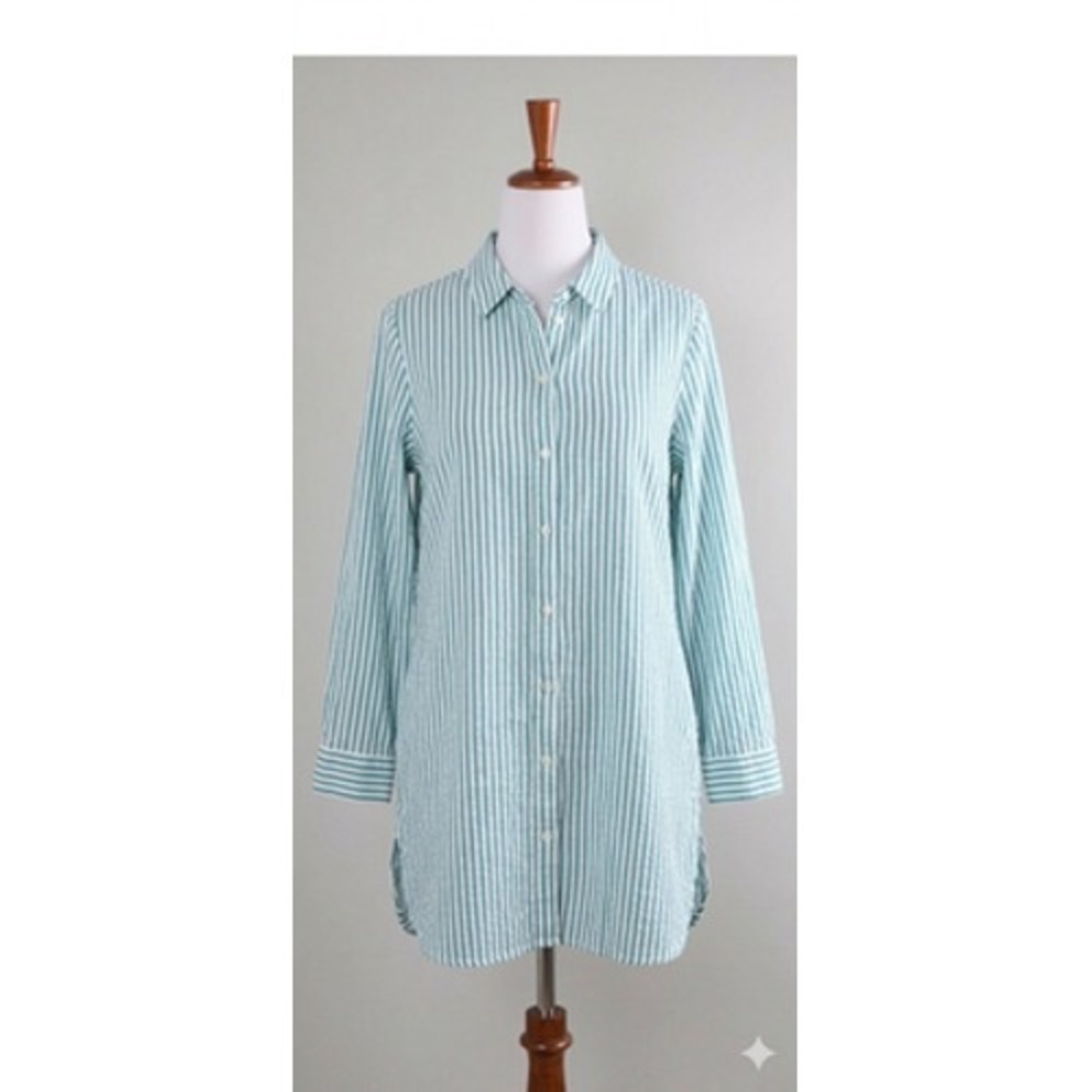 Habitat Tunic Top‎ Womens Medium Green White Stripe Button Front Lagenlook